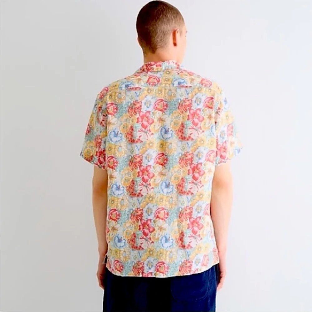 J. Crew Floral Shirt Men's Sz L 100% Linen Camp Collar Button Up Short Sleeve